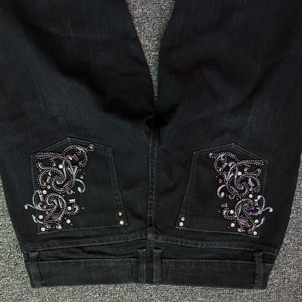 noir black flare jeans gemstone embroidered